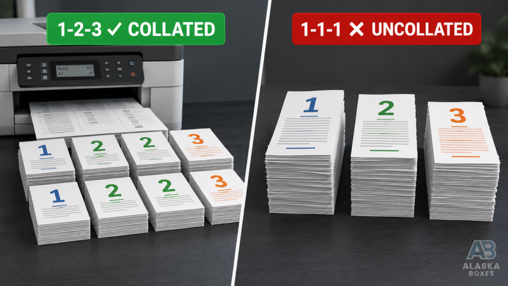 2. Definition diagram (under "Simple Definition") — Clean flat vector: three numbered pages flowing into ordered sets with arrows, "Collate = complete ordered sets." Logo bottom-right. what does collate mean when printing – collated vs uncollated explained