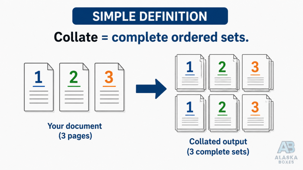 collate meaning in printing diagram showing ordered page sets