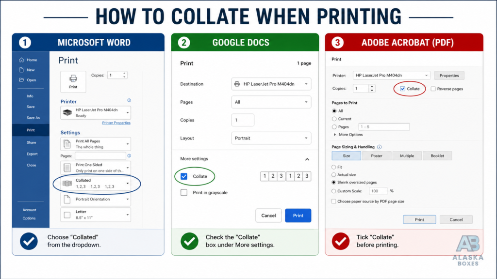 how to collate when printing in Word, Google Docs and PDF