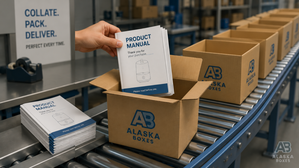 collated user manuals inserted into custom packaging boxes